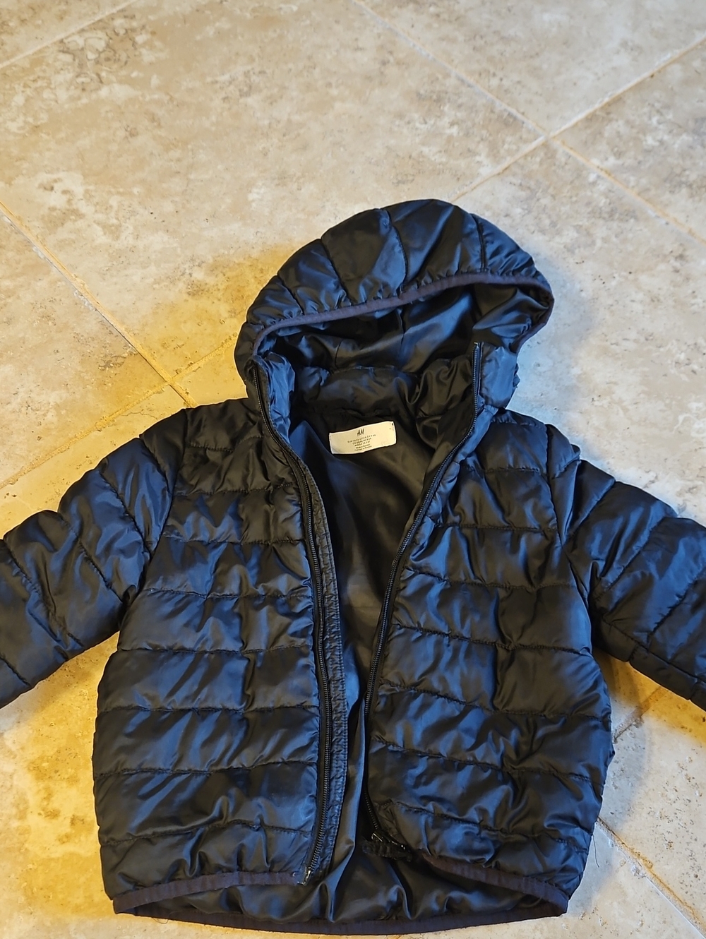 H&M Navy Blue Kids Hooded Puffer Jacket With Detachable Hood.
